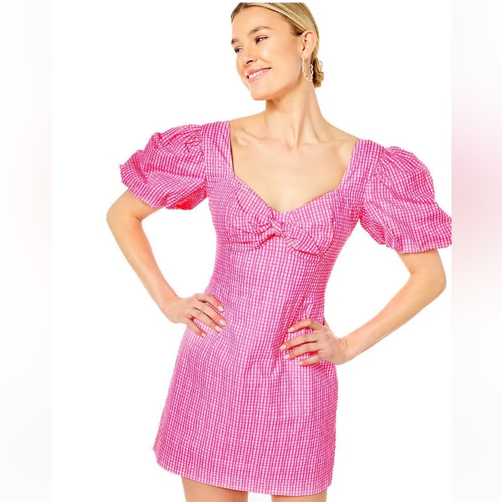 NWT Lilly Pullitzer Pink Gingham Puff Sleeve Romper Dress  00
